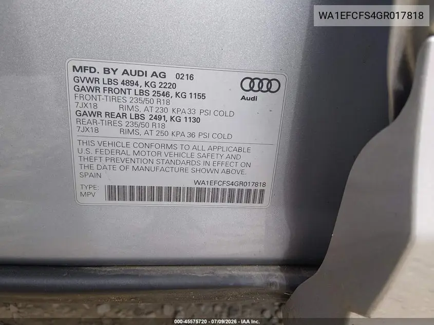 2016 Audi Q3 2.0T Premium Plus VIN: WA1EFCFS4GR017818 Lot: 45575720
