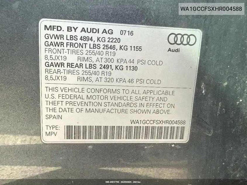 2017 Audi Q3 2.0T Premium VIN: WA1GCCFSXHR004588 Lot: 45517798