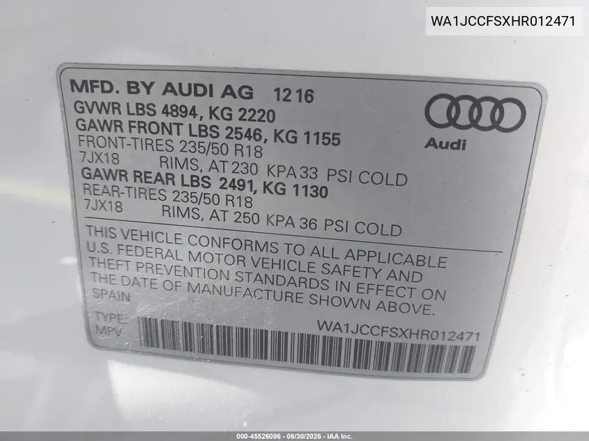 2017 Audi Q3 2.0T Premium VIN: WA1JCCFSXHR012471 Lot: 45526096
