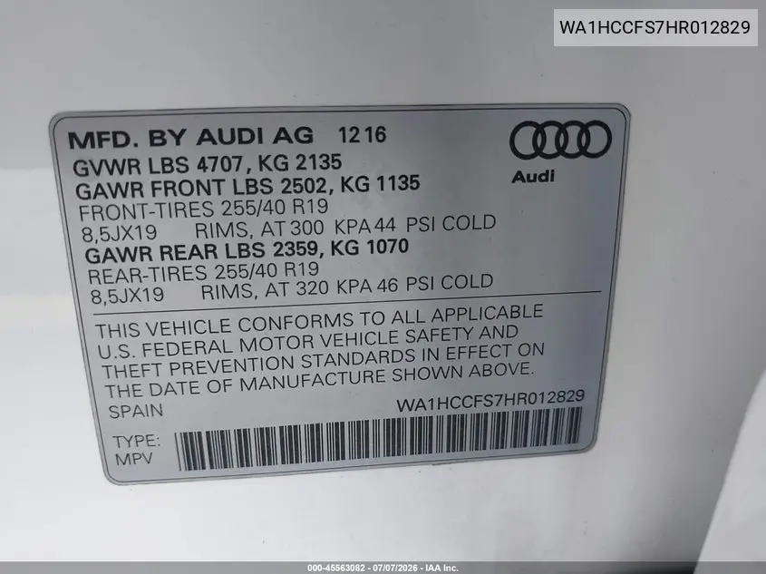 2017 Audi Q3 2.0T Premium VIN: WA1HCCFS7HR012829 Lot: 45563082