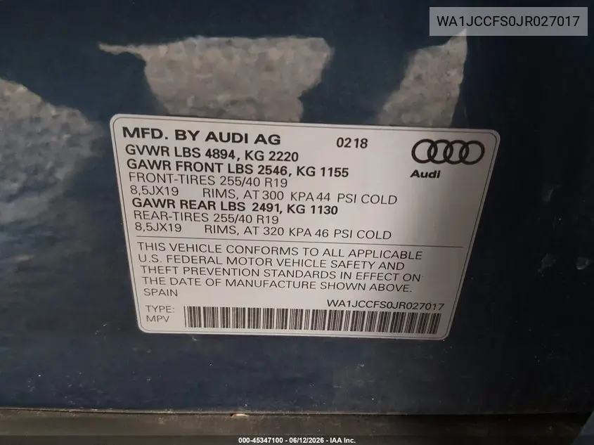2018 Audi Q3 2.0T Premium/2.0T Sport Premium VIN: WA1JCCFS0JR027017 Lot: 45347100