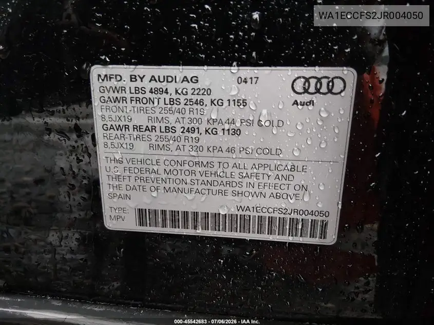 2018 Audi Q3 2.0T Premium/2.0T Sport Premium VIN: WA1ECCFS2JR004050 Lot: 45542683
