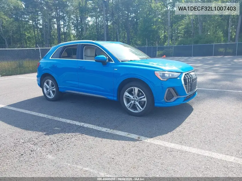 2020 Audi Q3 Premium 45 Tfsi S Line Quattro Tiptronic VIN: WA1DECF32L1007403 Lot: 45485285