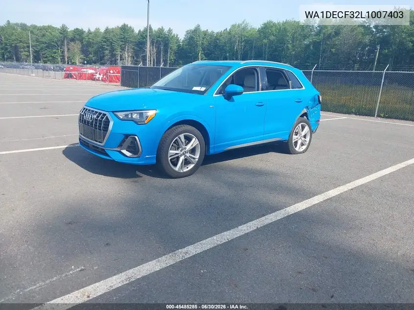 2020 Audi Q3 Premium 45 Tfsi S Line Quattro Tiptronic VIN: WA1DECF32L1007403 Lot: 45485285