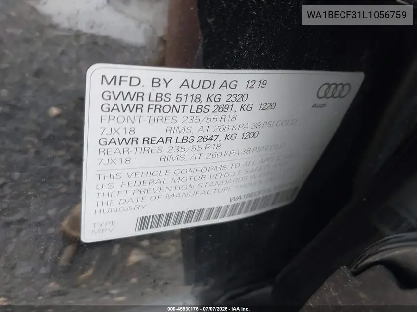 2020 Audi Q3 Premium Plus 45 Tfsi Quattro Tiptronic VIN: WA1BECF31L1056759 Lot: 45530176
