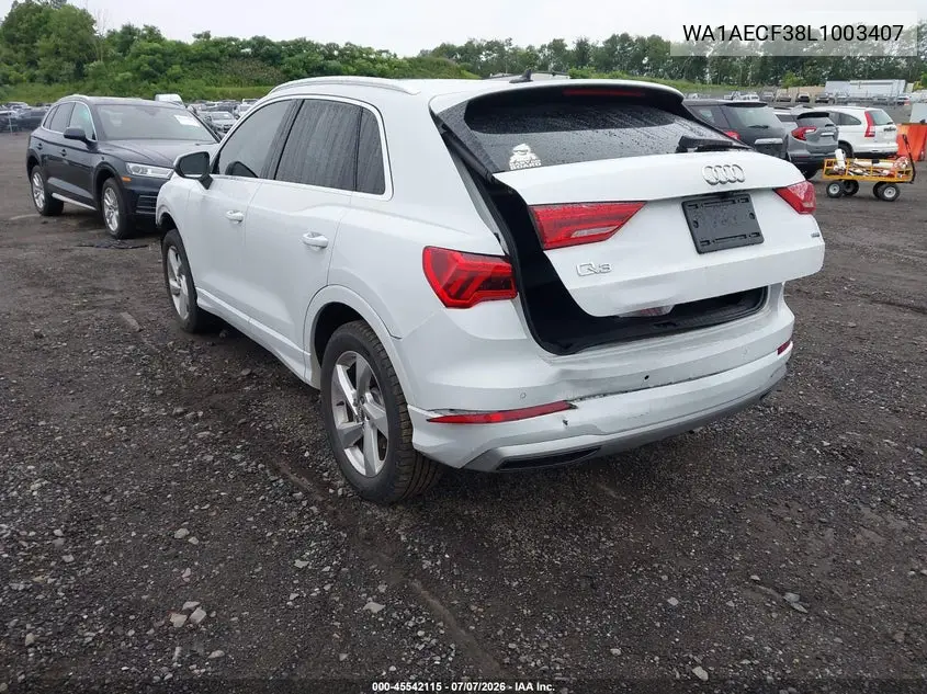 2020 Audi Q3 Premium 45 Tfsi Quattro Tiptronic VIN: WA1AECF38L1003407 Lot: 45542115