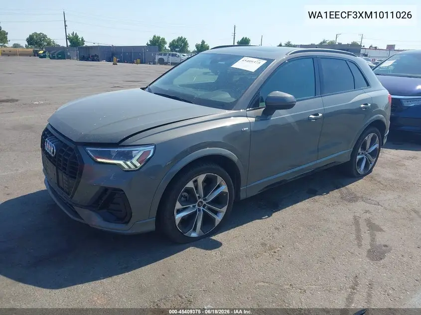 2021 Audi Q3 Premium Plus 45 Tfsi S Line Quattro Tiptronic VIN: WA1EECF3XM1011026 Lot: 45409375