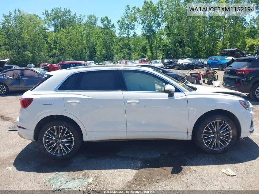 2021 Audi Q3 Premium 40 Tfsi Quattro Tiptronic VIN: WA1AUCF3XM1152194 Lot: 45429555