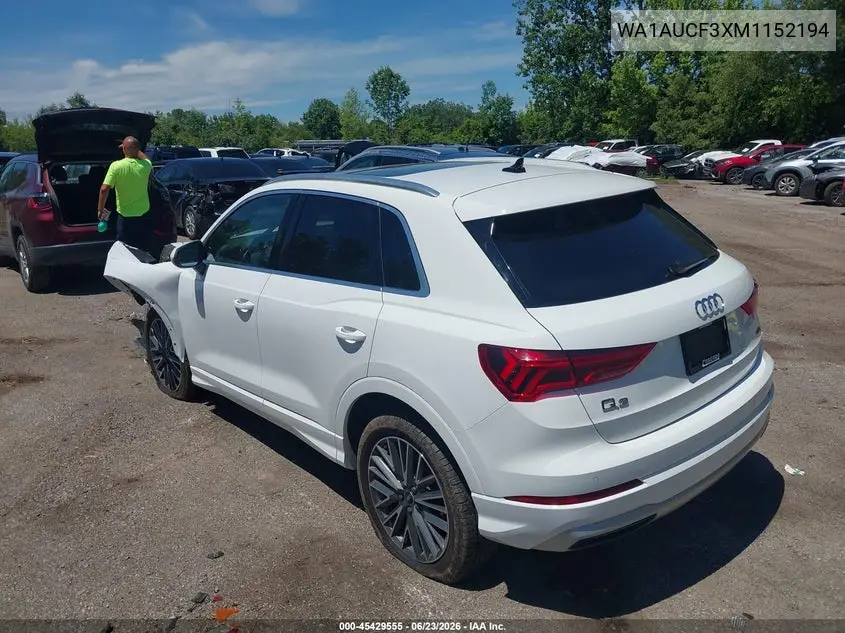 2021 Audi Q3 Premium 40 Tfsi Quattro Tiptronic VIN: WA1AUCF3XM1152194 Lot: 45429555