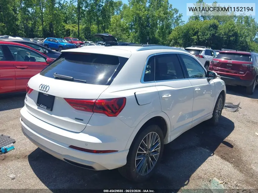 2021 Audi Q3 Premium 40 Tfsi Quattro Tiptronic VIN: WA1AUCF3XM1152194 Lot: 45429555