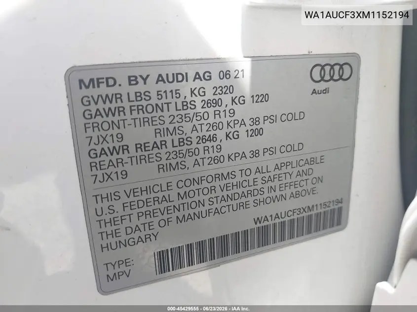 2021 Audi Q3 Premium 40 Tfsi Quattro Tiptronic VIN: WA1AUCF3XM1152194 Lot: 45429555