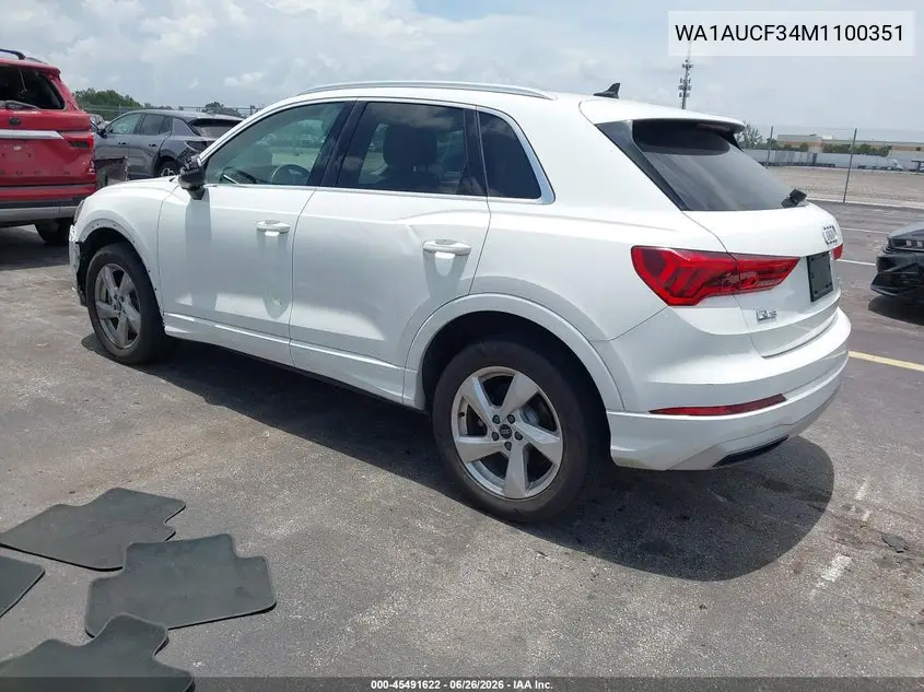 2021 Audi Q3 Premium 40 Tfsi Quattro Tiptronic VIN: WA1AUCF34M1100351 Lot: 45491622
