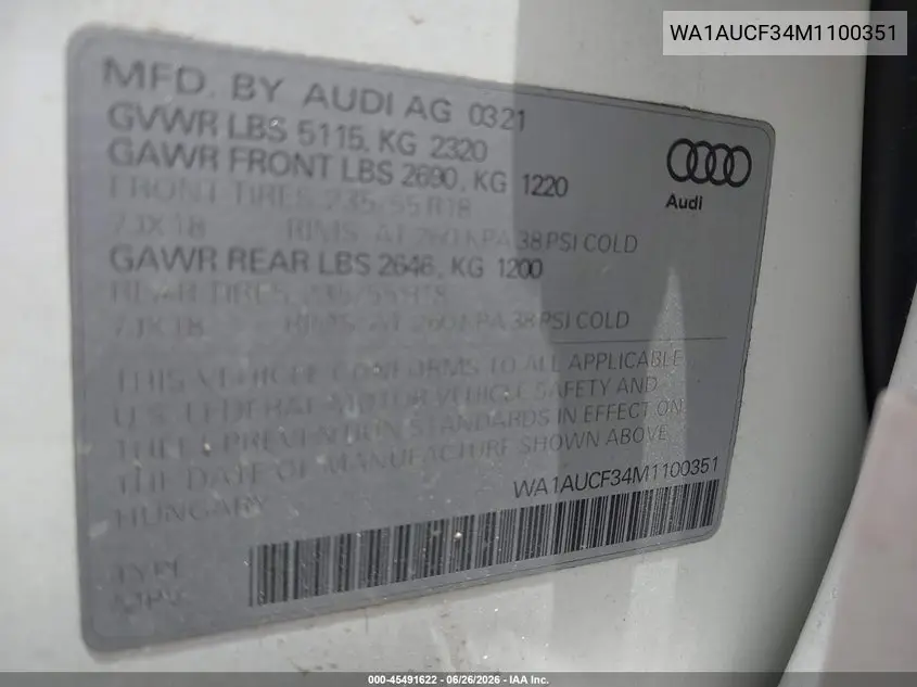 2021 Audi Q3 Premium 40 Tfsi Quattro Tiptronic VIN: WA1AUCF34M1100351 Lot: 45491622