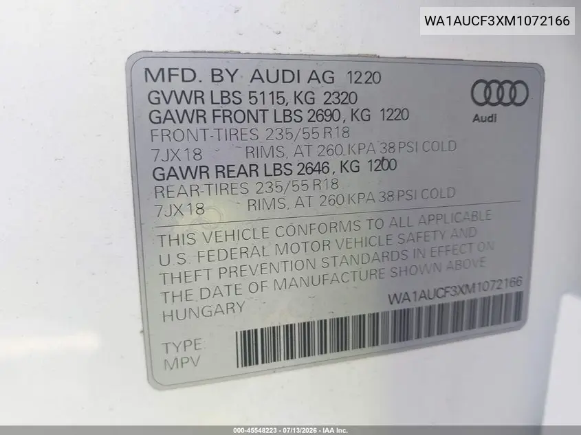 2021 Audi Q3 Premium 40 Tfsi Quattro Tiptronic VIN: WA1AUCF3XM1072166 Lot: 45548223