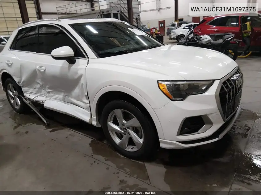2021 Audi Q3 Premium 40 Tfsi Quattro Tiptronic VIN: WA1AUCF31M1097375 Lot: 45666041