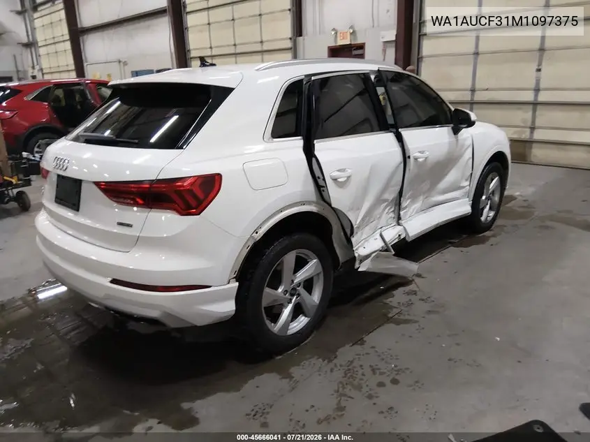2021 Audi Q3 Premium 40 Tfsi Quattro Tiptronic VIN: WA1AUCF31M1097375 Lot: 45666041