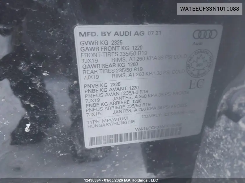 2022 Audi Q3 VIN: WA1EECF33N1010088 Lot: 12498394