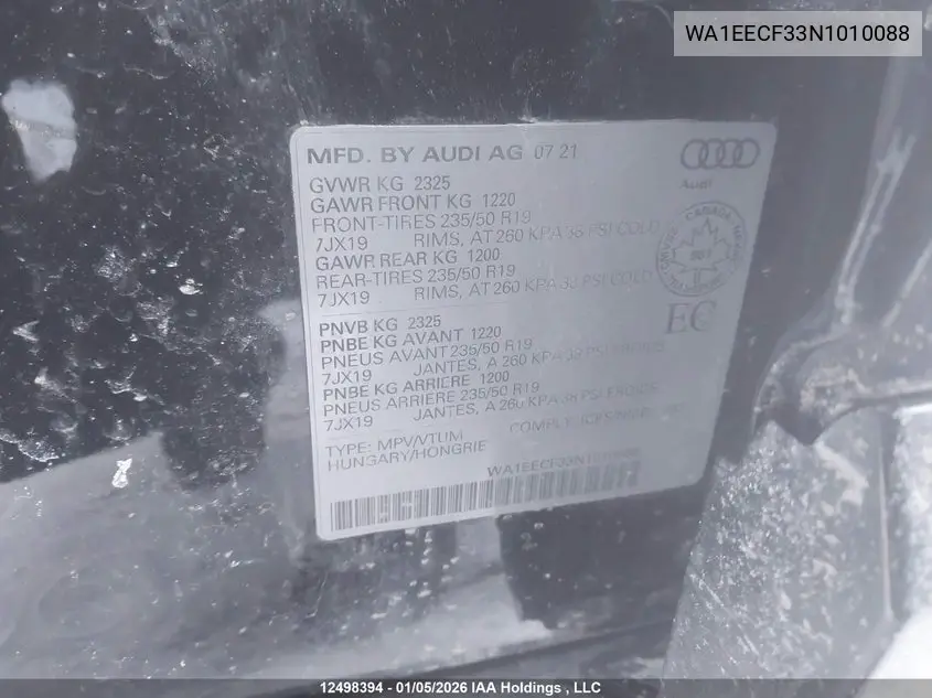 2022 Audi Q3 VIN: WA1EECF33N1010088 Lot: 12498394