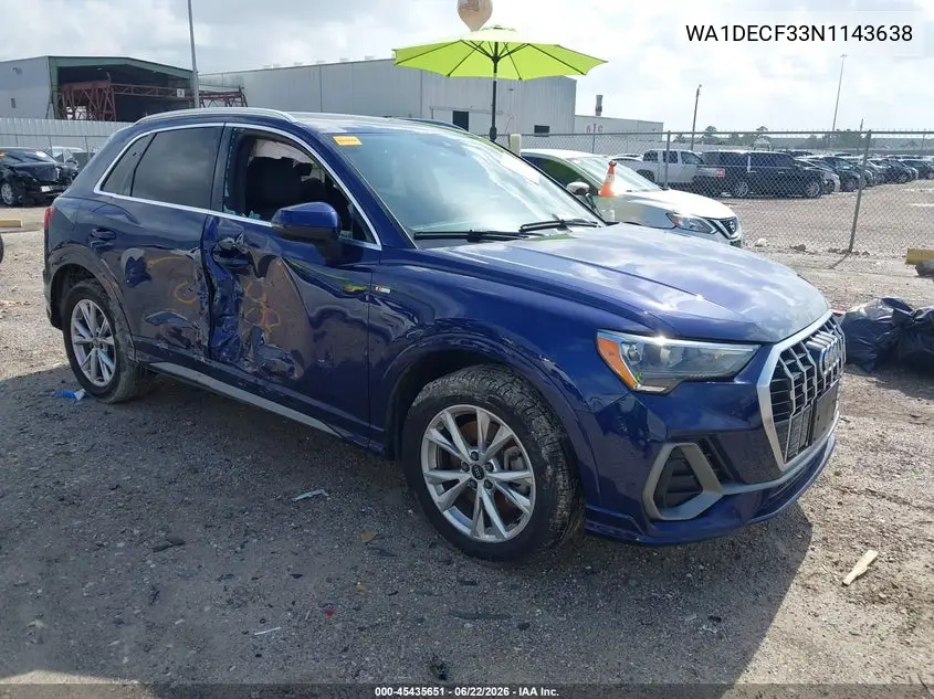 2022 Audi Q3 Premium 45 Tfsi S Line Quattro Tiptronic VIN: WA1DECF33N1143638 Lot: 45435651