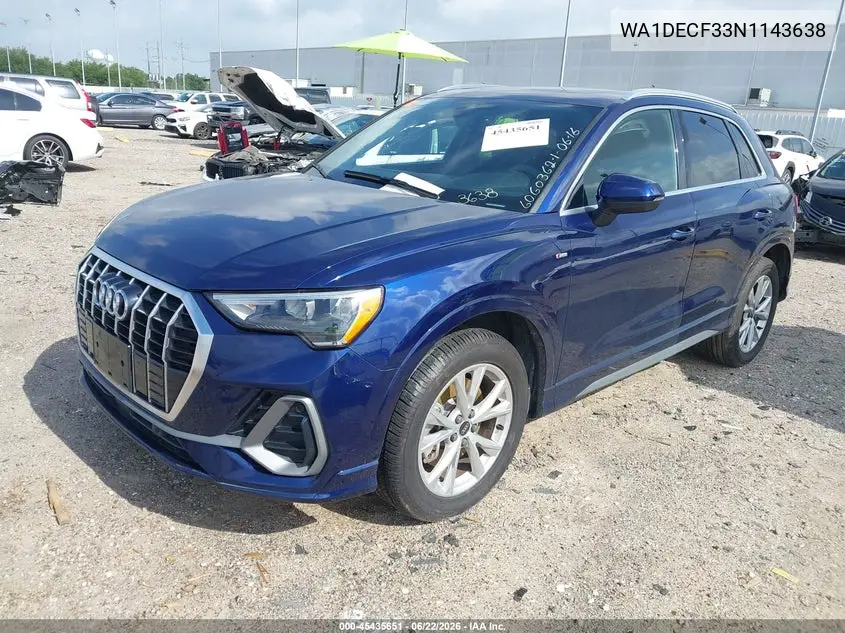 2022 Audi Q3 Premium 45 Tfsi S Line Quattro Tiptronic VIN: WA1DECF33N1143638 Lot: 45435651