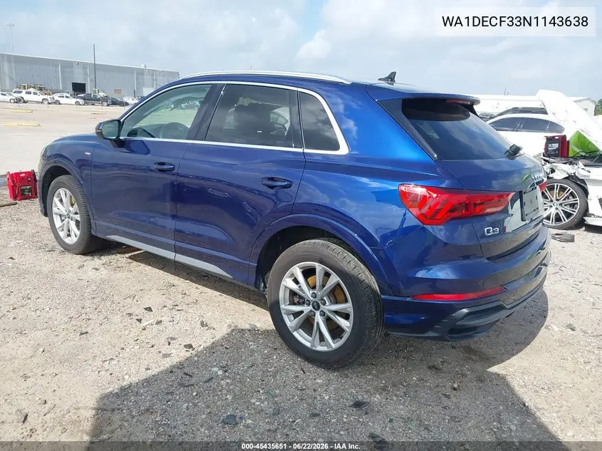 2022 Audi Q3 Premium 45 Tfsi S Line Quattro Tiptronic VIN: WA1DECF33N1143638 Lot: 45435651