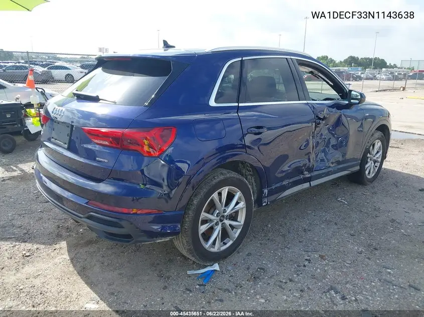 2022 Audi Q3 Premium 45 Tfsi S Line Quattro Tiptronic VIN: WA1DECF33N1143638 Lot: 45435651