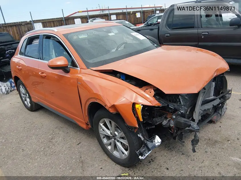 2022 Audi Q3 Premium 45 Tfsi S Line Quattro Tiptronic VIN: WA1DECF36N1149871 Lot: 45442205