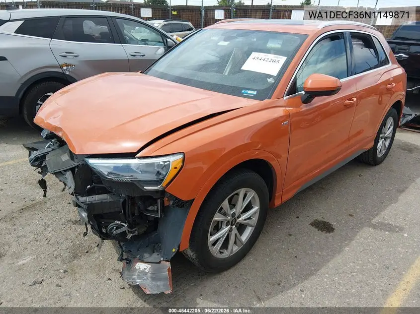 2022 Audi Q3 Premium 45 Tfsi S Line Quattro Tiptronic VIN: WA1DECF36N1149871 Lot: 45442205