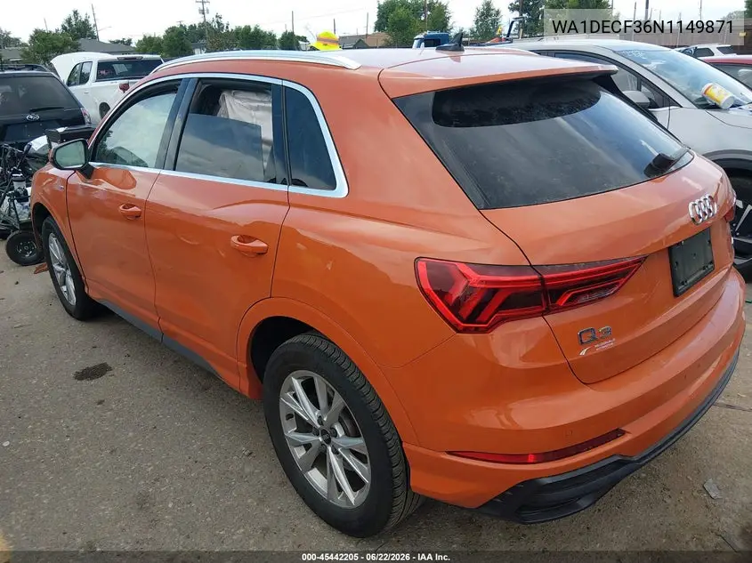 2022 Audi Q3 Premium 45 Tfsi S Line Quattro Tiptronic VIN: WA1DECF36N1149871 Lot: 45442205