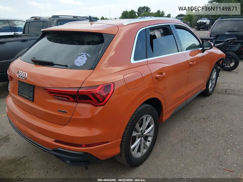 2022 Audi Q3 Premium 45 Tfsi S Line Quattro Tiptronic VIN: WA1DECF36N1149871 Lot: 45442205