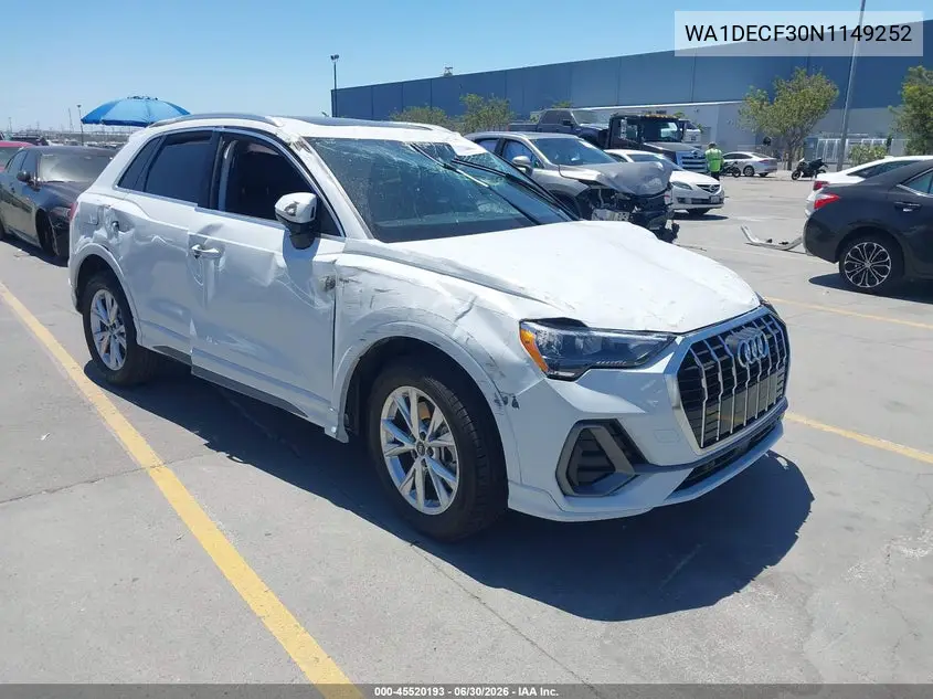 2022 Audi Q3 Premium 45 Tfsi S Line Quattro Tiptronic VIN: WA1DECF30N1149252 Lot: 45520193