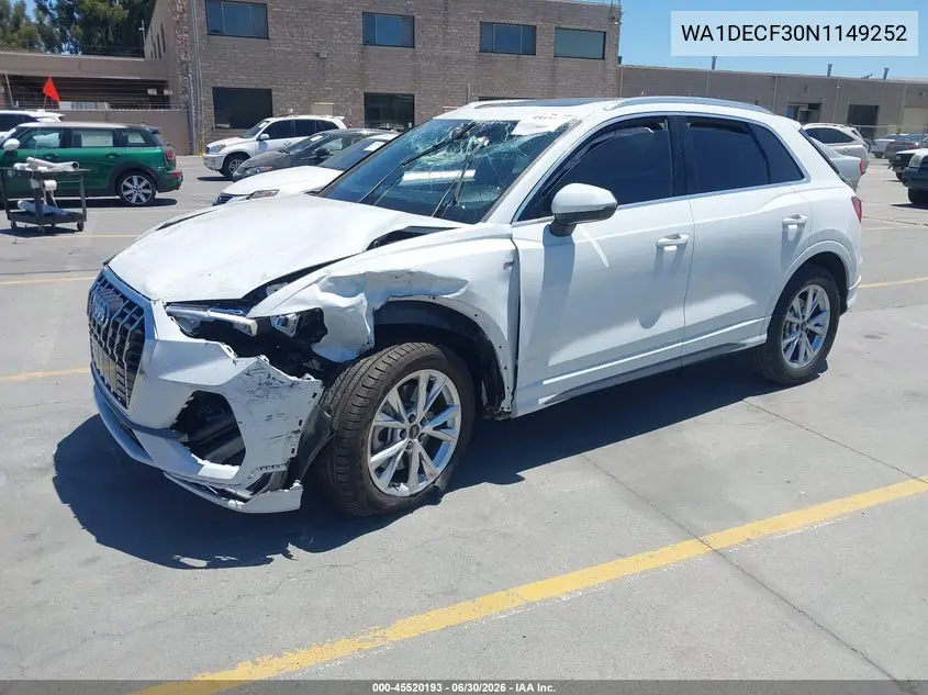 2022 Audi Q3 Premium 45 Tfsi S Line Quattro Tiptronic VIN: WA1DECF30N1149252 Lot: 45520193