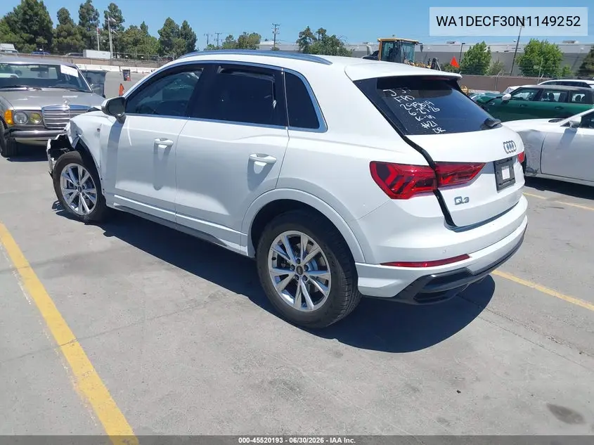 2022 Audi Q3 Premium 45 Tfsi S Line Quattro Tiptronic VIN: WA1DECF30N1149252 Lot: 45520193