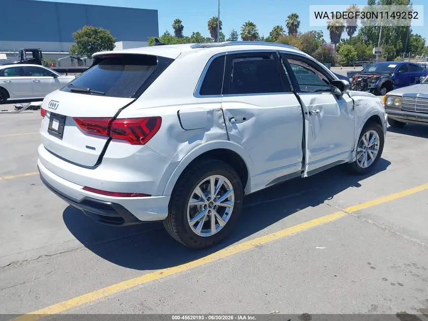2022 Audi Q3 Premium 45 Tfsi S Line Quattro Tiptronic VIN: WA1DECF30N1149252 Lot: 45520193
