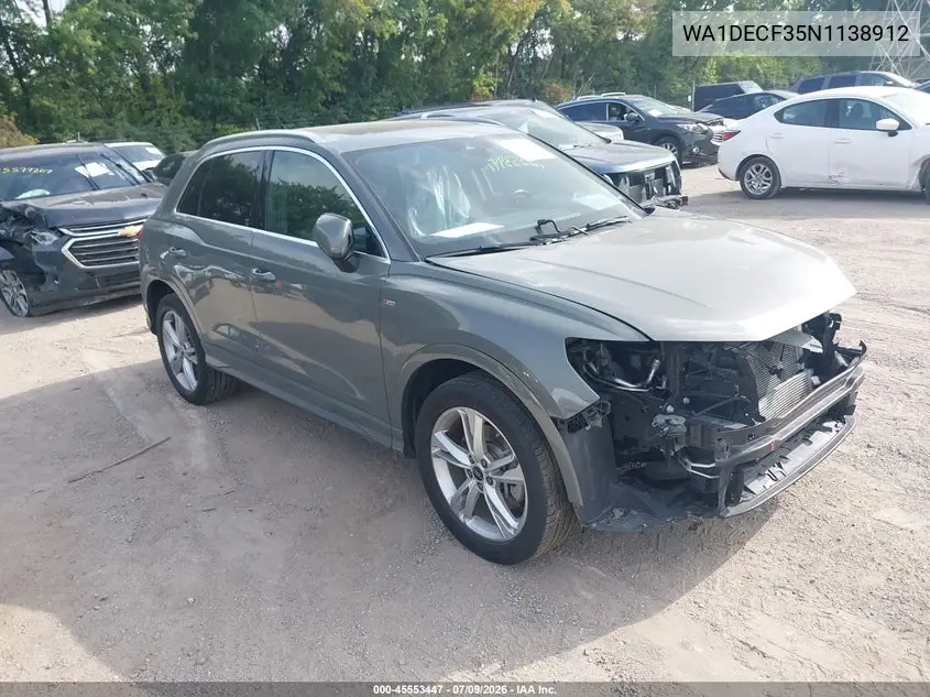 2022 Audi Q3 Premium 45 Tfsi S Line Quattro Tiptronic VIN: WA1DECF35N1138912 Lot: 45553447