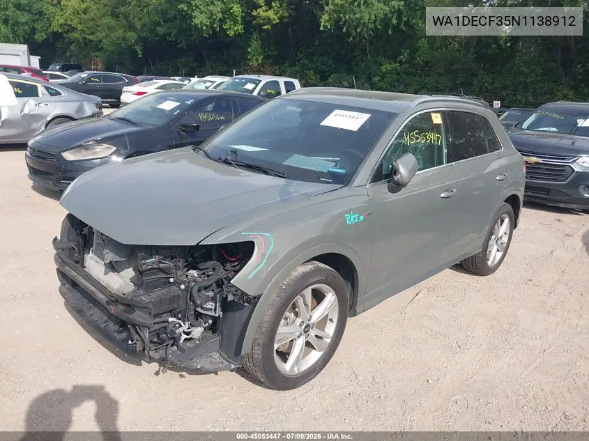 2022 Audi Q3 Premium 45 Tfsi S Line Quattro Tiptronic VIN: WA1DECF35N1138912 Lot: 45553447