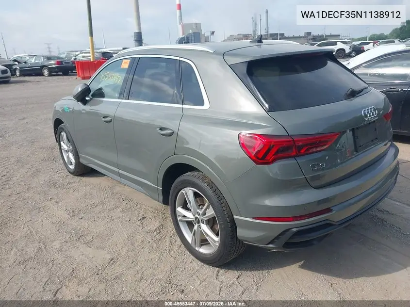 2022 Audi Q3 Premium 45 Tfsi S Line Quattro Tiptronic VIN: WA1DECF35N1138912 Lot: 45553447