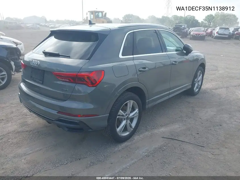 2022 Audi Q3 Premium 45 Tfsi S Line Quattro Tiptronic VIN: WA1DECF35N1138912 Lot: 45553447