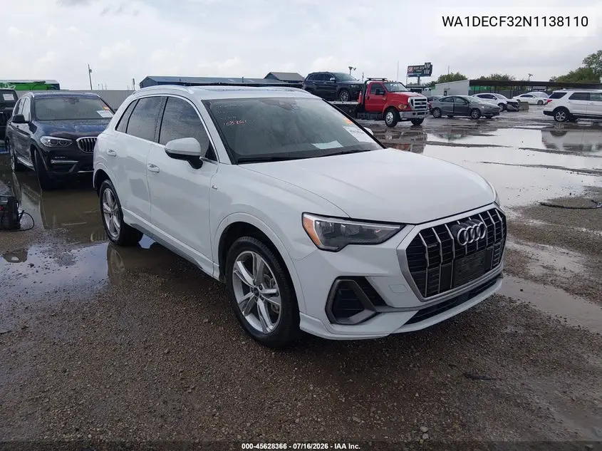 2022 Audi Q3 Premium 45 Tfsi S Line Quattro Tiptronic VIN: WA1DECF32N1138110 Lot: 45628366