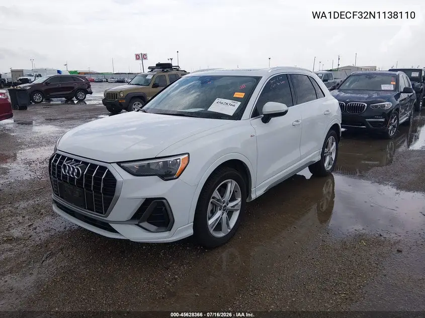 2022 Audi Q3 Premium 45 Tfsi S Line Quattro Tiptronic VIN: WA1DECF32N1138110 Lot: 45628366