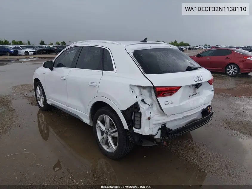 2022 Audi Q3 Premium 45 Tfsi S Line Quattro Tiptronic VIN: WA1DECF32N1138110 Lot: 45628366