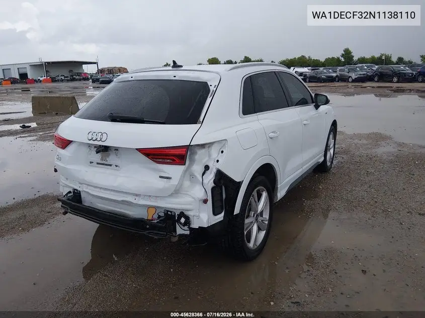 2022 Audi Q3 Premium 45 Tfsi S Line Quattro Tiptronic VIN: WA1DECF32N1138110 Lot: 45628366