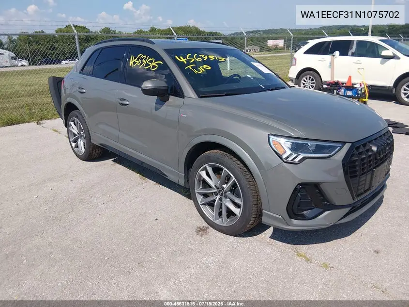 2022 Audi Q3 Premium Plus 45 Tfsi S Line Quattro Tiptronic VIN: WA1EECF31N1075702 Lot: 45631515