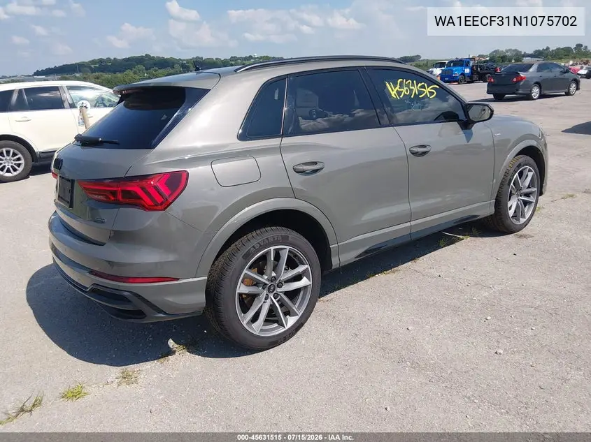 2022 Audi Q3 Premium Plus 45 Tfsi S Line Quattro Tiptronic VIN: WA1EECF31N1075702 Lot: 45631515