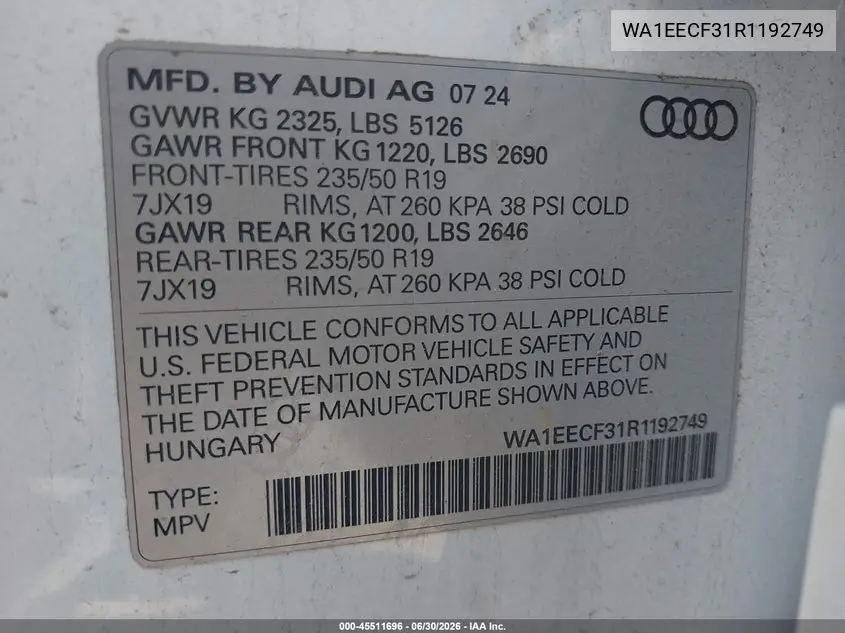 2024 Audi Q3 Premium Plus 45 Tfsi S Line Quattro Tiptronic VIN: WA1EECF31R1192749 Lot: 45511696
