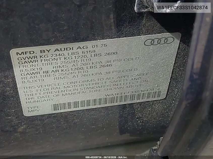 2025 Audi Q3 Premium 45 Tfsi S Line Quattro Tiptronic VIN: WA1EECF33S1042874 Lot: 45309736
