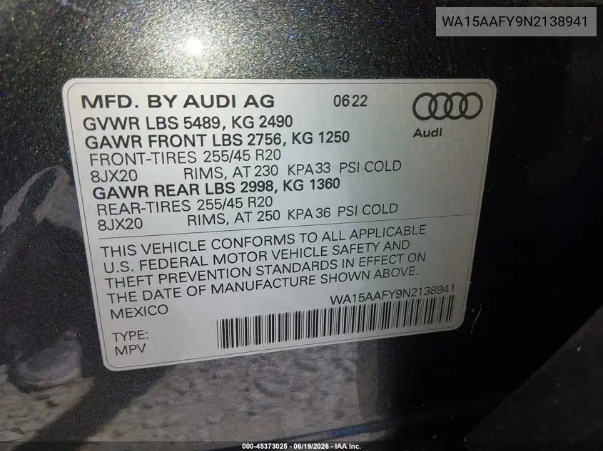 2022 Audi Q5 Sportback Premium Plus 45 Tfsi S Line Quattro S Tronic VIN: WA15AAFY9N2138941 Lot: 45373025