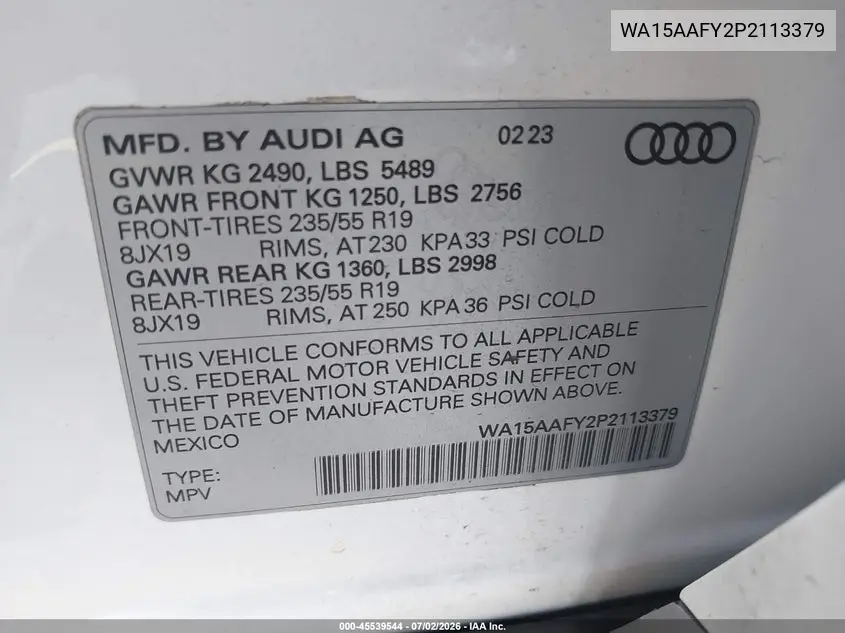 2023 Audi Q5 Sportback Premium Plus 45 Tfsi S Line Quattro S Tronic VIN: WA15AAFY2P2113379 Lot: 45539544