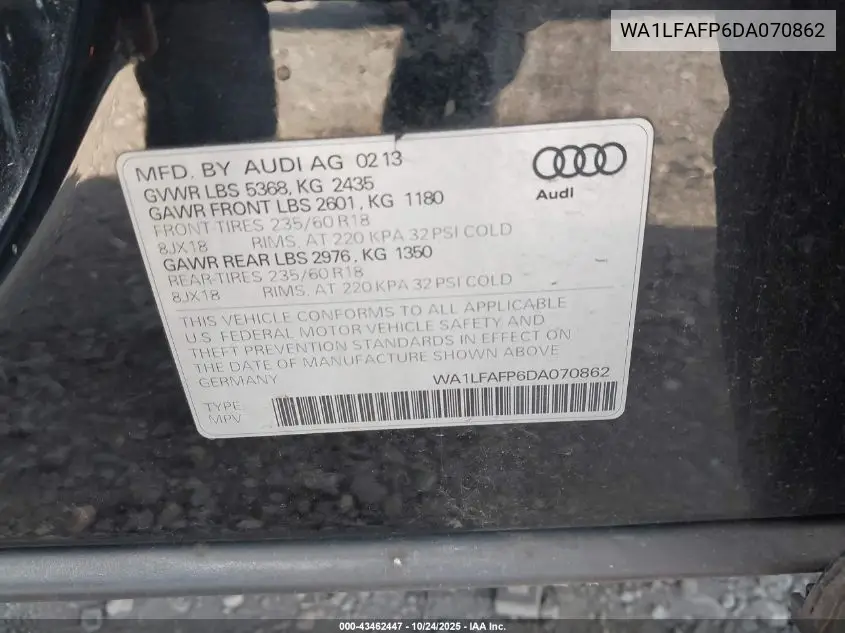 WA1LFAFP6DA070862 2013 Audi Q5 2.0T Premium