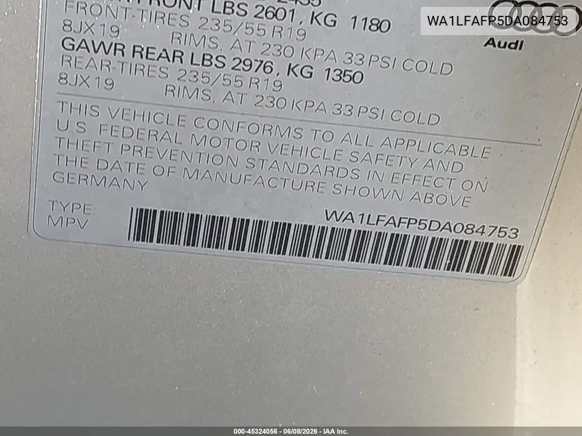 WA1LFAFP5DA084753 2013 Audi Q5 2.0T Premium
